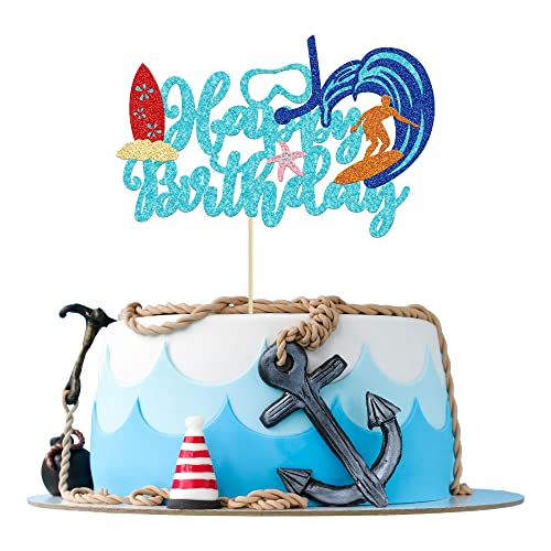 Gyufise 1 Stück Sommer Happy Birthday Kuchenaufsatz Blau Glitzer Sommer Pool Schwimmen Surfen Kuchen Dekoration für Sommer Urlaub Strand Pool Party Dekoration Zubehör von Gyufise