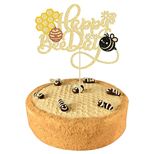 Gyufise 1 x Happy Bee Day Kuchendekoration mit schwarzem Glitzer-Hummel-Motiv, Kuchen-Pick-Dekorationen für Babyparty, Kindergeburtstag, Partyzubehör von Gyufise