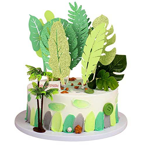 Gyufise 16 Stück tropische Blätter Kuchen Topper Glitzer Palme Schildkröte Blätter Kuchen Topper grünes Blatt Wald Cupcake Pflanze Blatt Tropische Geburtstag Dschungel Hawii Thema Geburtstag Party von Gyufise