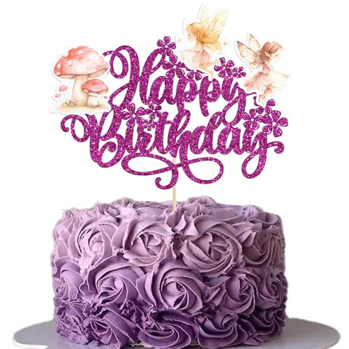 Gyufise 1Pc Fee alles Gute zum Geburtstag Kuchen Topper Glitter Pilz Blumen Feen Geburtstag Kuchen Dekorationen für Fee Thema Baby Dusche Geburtstag Garten Party Dekorationen Zubehör lila von Gyufise