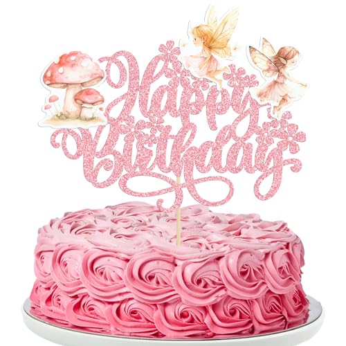 Gyufise 1Pc Fee alles Gute zum Geburtstag Kuchen Topper Glitter Pilz Blumen Feen Geburtstag Kuchen Dekorationen für Fee Thema Baby Dusche Geburtstag Garten Party Dekorationen Zubehör rosa von Gyufise