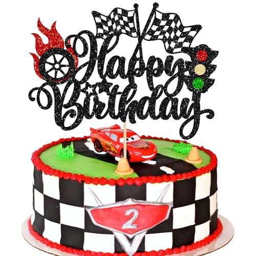 Gyufise 1Pc Race Car Happy Birthday Cake Topper Glitter Race Car Cake Dekorationen für Racing Car Checkered Flag Glitter Race Car Cake Topper Birthday Theme Party Supplies Black von Gyufise