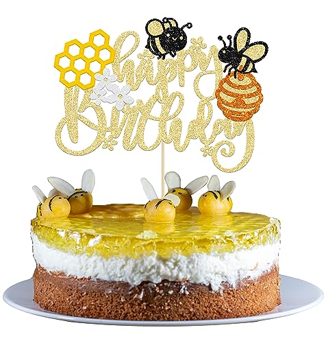 Gyufise 1Pcs Bee Happy Birthday Cake Topper Flower Honeycomb Glitter Happy Bee Day Cake Decorations for Honey Bumble Bee Theme Baby Shower Kids Boys Girls Birthday Party Cake Decorations Supplies Gold von Gyufise