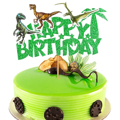 Gyufise 1Pcs Dinosaurier Happy Birthday Cake Topper Glitter Dinosaur Cake Pick für Dino-Thema Baby Dusche Kinder Jungen Mädchen Geburtstag Party Kuchen Dekorationen Zubehör grün von Gyufise