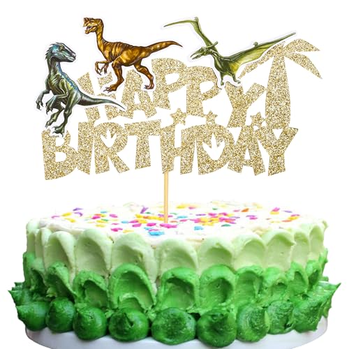 Gyufise 1Pcs Dinosaurier alles Gute zum Geburtstag Kuchen Topper Dinosaurier Kuchen Pick für Jurassic Thema Baby Dusche Kinder Geburtstag Party Supplies Kuchen Dekorationen Zubehör Gold von Gyufise