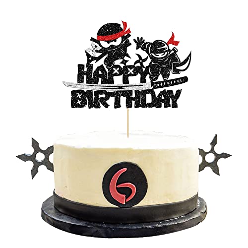 Gyufise 1Pcs Ninja alles Gute zum Geburtstag Kuchen Topper schwarzer Glitter Kampfsport Kung Fu Krieger Kuchen Pick Ninja Thema Geburtstag Party Kuchen Dekorationen Zubehör von Gyufise