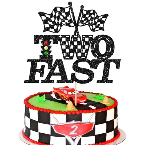 Gyufise 1Pcs zwei schnelle Geburtstag Kuchen Topper schwarz Glitter karierte Flagge Rennwagen 2. Geburtstag Kuchen Pick für Let's Go Racing Thema Geburtstag Partykuchen Dekorationen Zubehör von Gyufise