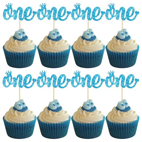 Gyufise 24 Stück 1 Cupcake-Topper Blau Glitzer Baby First Birthday Party Cupcake Food Picks Dekorationen für Babyparty Jungen Mädchen Kinder 1. Geburtstag Party Kuchen Dekorationen Zubehör von Gyufise