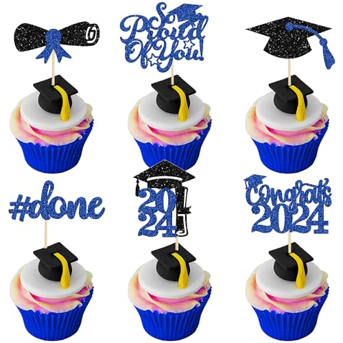 Gyufise 24 Stück 2022 Graduation Done Cupcake Toppers Blau Glitzer Congrats Klasse von 2022 Diplom-Grad Cap Cupcake Picks So Proud of You Kuchendekorationen für Abschlussfeier Mottoparty Supplies von Gyufise