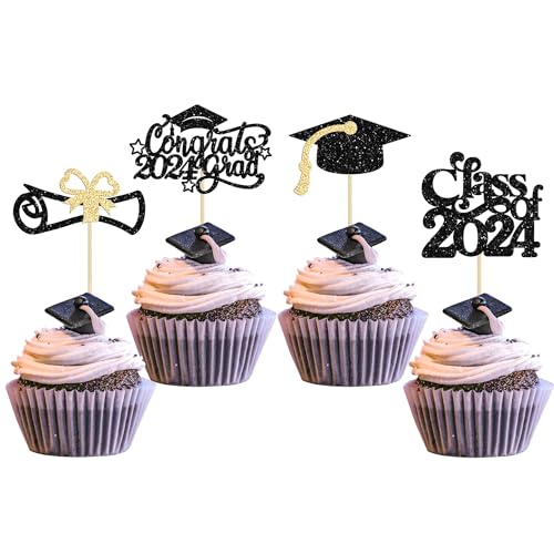 Gyufise 24 Stück 2023 Abschluss-Cupcake-Topper Glitzer Klasse 2023 Congrats Grade 2023 Cap Diplom Cupcake Picks 2023 Abschluss Thema Party Kuchen Dekorationen Zubehör Schwarz von Gyufise