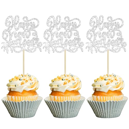 Gyufise 24 Stück 2023 Happy New Years Cupcake Toppers Silber Glitter 2023 Happy New Year Party Dekorationen für Happy 2023 Cheers to 2023 Hello 2023 Silvester Party Dekorationen Supplies von Gyufise