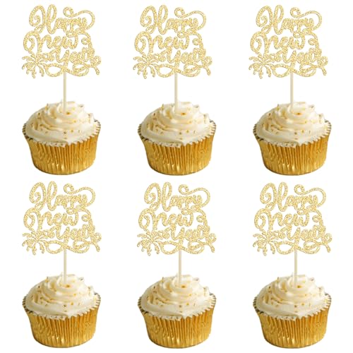 Gyufise 24 Stück 2024 Happy New Years Cupcake Toppers Gold Glitter 2024 Happy New Year Party Dekorationen für Happy 2024 Cheers to 2024 Hello 2024 Silvester Party Dekorationen Supplies von Gyufise