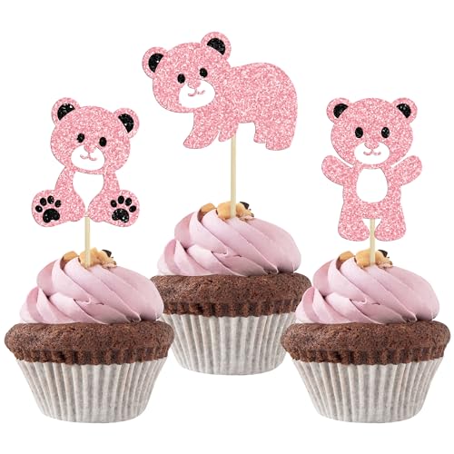 Gyufise 24 Stück Bären-Baby-Party-Dekorationen Glitzer We Can Bearly Wait Cupcake Toppers Tischdekoration Fotoautomaten-Requisiten Babyparty Partyzubehör Dekorationen Rosa von Gyufise