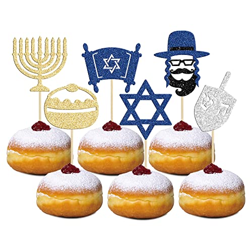 Gyufise 24 Stück Chanukkah-Cupcake-Topper Glitzer Menora Cupcake Topper Kerzenständer Hexagramm Chanukkah Party Dekorationen Chanukka Thema Party Supplies von Gyufise