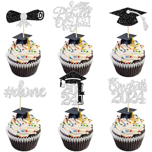 Gyufise 24 Stück Cupcake-Topper 2022 Silber Glitzer Klasse von 2022 Cupcake Toppers Supplies So Proud of You Congrats Grad Cap Diploma Cupcake Picks für Abschlussfeier Party Dekorationen von Gyufise