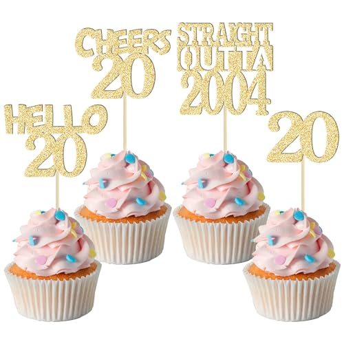 Gyufise 24 Stück Cupcake-Topper zum 20. Geburtstag, 20. Glitzer, gerade, Outta 2003 Cupcake-Picker Cheers to 20 Years Birthday Kuchen Dekorationen für Happy 20th Birthday Anniversary Party Supplies Gold von Gyufise