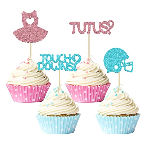 Gyufise 24 Stück CupcakeTopper für Jungen oder Mädchen, Tutus, Touchdowns, Geschlechtsoffenbarung, CupcakePlektren, Kleid RugbyDekorationen für Geschlechtsoffenbarung, Party, Babyparty, von Gyufise