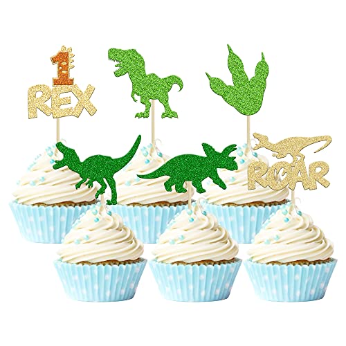 Gyufise 24 Stück Dinosaurier 1. Geburtstag Cupcake Topper Glitzer 1 Rex Roar First Birthday Dinosaurier Cupcake Picks Dino Thema Babyparty 1. Geburtstag Party Kuchen Dekorationen Zubehör Gold von Gyufise