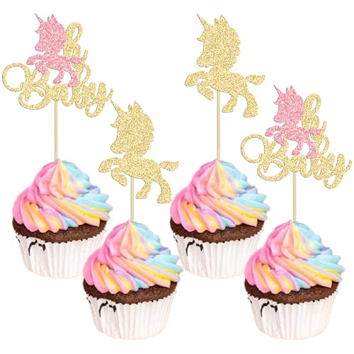 Gyufise 24 Stück Einhorn Oh Baby Cupcake Topper Glitzer Einhorn Babyshower Cupcake Picks Einhorn Kuchen Dekorationen für Babyparty Jungen Mädchen Babyparty Geburtstag Party Kuchen Dekorationen Zubehör von Gyufise