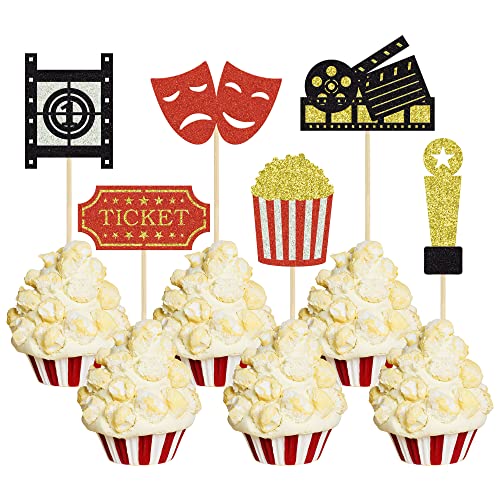 Gyufise Cupcake-Topper mit Glitzer, Filmabend, mit Kamera, Popcorn-Cupcake-Picks für Kino-Thema, Babyparty, Kindergeburtstag, Party, Kuchendekorationen, Zubehör, 24 Stück von Gyufise