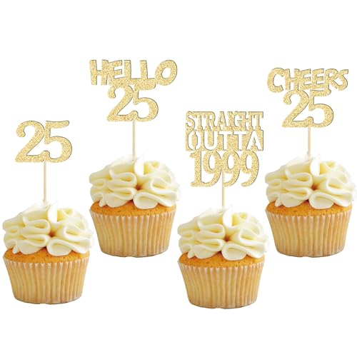 Gyufise 24 Stück Happy 25th Cupcake Topper Glitzer Twenty-five Straight Outta 1998 Cupcake Picks Cheers to 25 Years Birthday Kuchen Dekorationen für Happy 25th Birthday Anniversary Party Supplies Gold von Gyufise