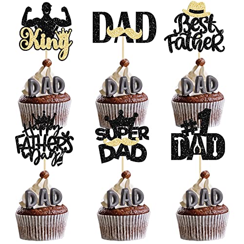 Gyufise 24 Stück Happy Father's Day Cupcake-Topper Glitzer Schnurrbart Krawatte King Super #1 Dad Best Dad Werkzeug Bau Cupcake Picks für Happy Father's Day Thema Party Kuchen Dekorationen Zubehör Schwarz von Gyufise