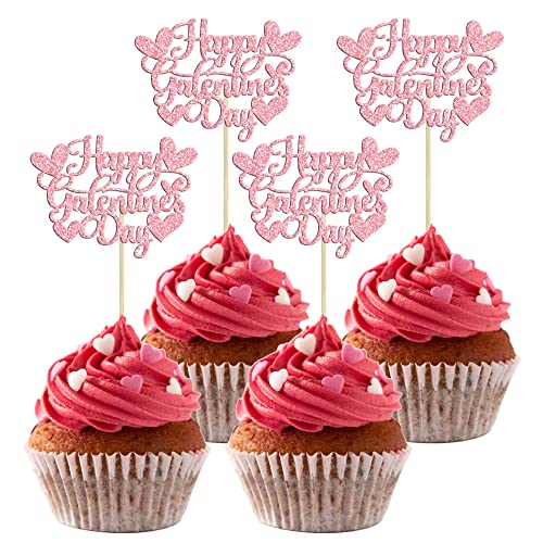 Gyufise 24 Stück Happy Galentine's Day Cupcake-Topper rosa Glitzer Valentinstag Cupcake Lebensmittel Picks Happy Valentine's Day Thema Geburtstag Party Kuchen Dekorationen Zubehör von Gyufise