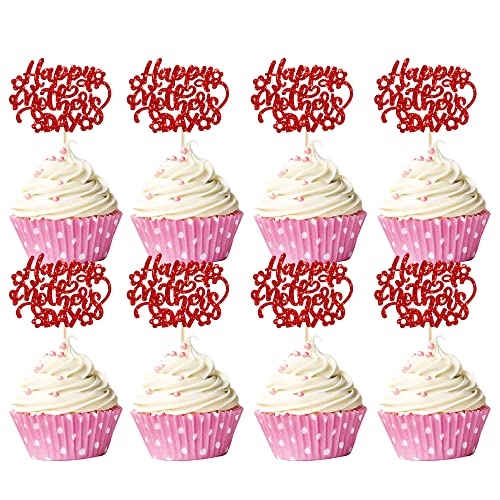 Gyufise 24 Stück Happy Mother's Day Cupcake-Topper Rot Glitzer Blume Love Mother Best Mom Cupcake Picks für Happy Mother's Day Thema Frauen Geburtstag Party Kuchen Dekorationen Zubehör von Gyufise