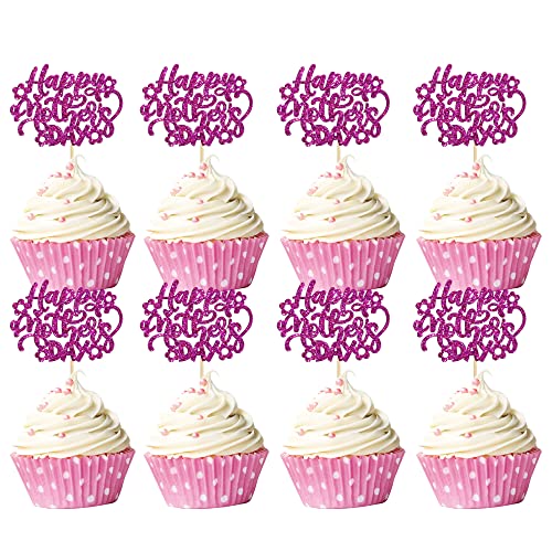 Gyufise 24 Stück Happy Mothers Day Cupcake-Topper Mutter Cupcake Picks Love Mum Kuchen Dekoration Party Zubehör für Muttertag Party Dekorationen Zubehör Lila Glitzer von Gyufise