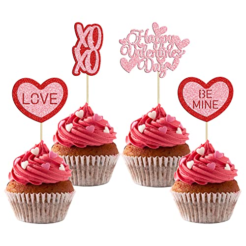 Gyufise 24 Stück Happy Valentine's Day Cupcake-Topper Love Heart Be Mine XOXO Cupcake-Picker Dekorationen für Valentinstag, Geburtstag, Hochzeit, Jahrestag, Partyzubehör von Gyufise