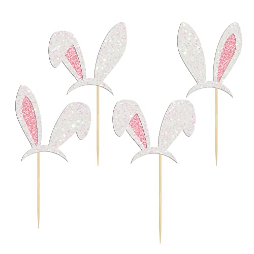 Gyufise 24 Stück Hasenohren-Cupcake-Topper Happy Easter Cupcake Picks Ostern Ohr Kuchen Topper Dekorationen für Kinder Geburtstag Babyparty Ostern Party Gastgeschenke Rosa Weiß Glitzer von Gyufise