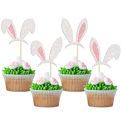 Gyufise 24 Stück Hasenohren-Cupcake-Topper Happy Easter Cupcake Picks Ostern Ohr Kuchen Topper Dekorationen für Kinder Geburtstag Babyparty Ostern Party Gastgeschenke Rosa Weiß Glitzer von Gyufise