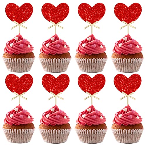 Gyufise 24 Stück Herz Cupcake Topper Rot Glitzer Valentinstag Herz Champagner Gold Schleife Cupcake Pick Dekorationen für Valentinstag Geburtstag Hochzeit Jahrestag Party Zubehör von Gyufise