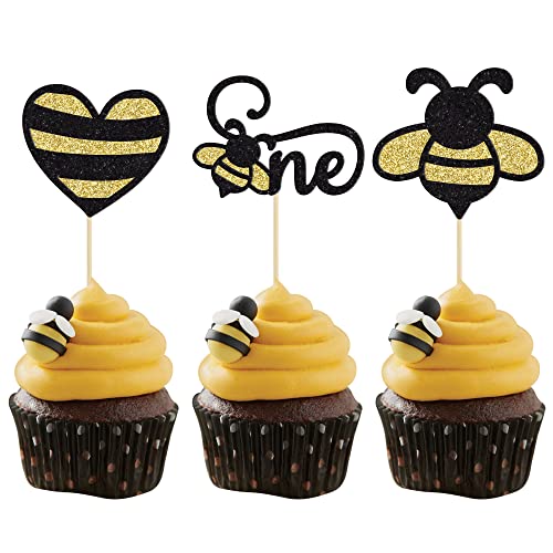 Gyufise 24 Stück Hummel One Cupcake Topper Herz Hummel Kuchen Dekorationen für Jungen Mädchen 1. Geburtstag Dekorationen Bienenstock Babyparty Bienenstock Honig Party Zubehör von Gyufise