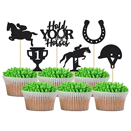 Gyufise 24 Stück Kentucky Derby Cupcake Topper Schwarz Glitzer Reitpferd Kuchen Dekorationen Pferd Cupcake Picks für Sport Reitsport Thema Geburtstag Party Supplies von Gyufise