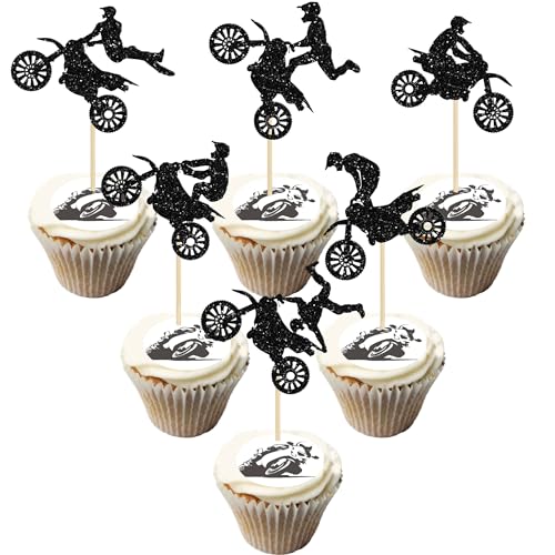 Gyufise 24 Stück Motorrad Cupcake Topper Schwarz Glitzer Motocross Dirt Bike Party Cupcake Picks für Sport Motocross Thema Mann Junge Geburtstag Party Kuchen Dekorationen Zubehör von Gyufise