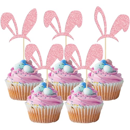 Gyufise 24 Stück Osterhasenohren Cupcake Toppers Rosa Glitzer Hase Kuchen Topper Happy Easter Kuchen Dekorationen für Häschen Ostern Thema Frühling Geburtstag Babyparty Party Dekorationen von Gyufise