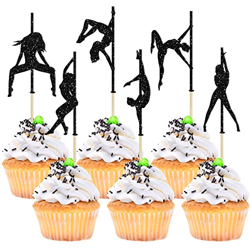 Gyufise 24 Stück Pole Dance Girl Cupcake Topper Schwarz Glitzer Pole Dancing Cupcake Picks Bachelorette Brautparty Geburtstag Party Kuchen Dekorationen Zubehör von Gyufise