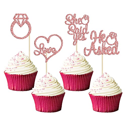 Gyufise 24 Stück Rose Gold He Asked She Said Yes Cupcake-Topper, Diamant-Ring, Herz-Kuchen-Picks für Hochzeit, Verlobung, Party, Kuchendekorationen von Gyufise