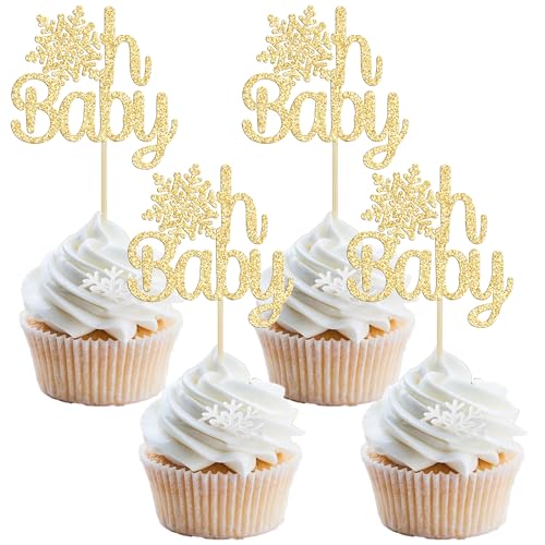 Gyufise 24 Stück Schneeflocke Oh Baby Cupcake Topper Gold Glitter Winter Frozen Oh Baby Cupcake Pick Dekorationen für Winter Onederland Babyshower Geburtstag Junge Mädchen Winter Schneeflocke Party Dekorationen von Gyufise