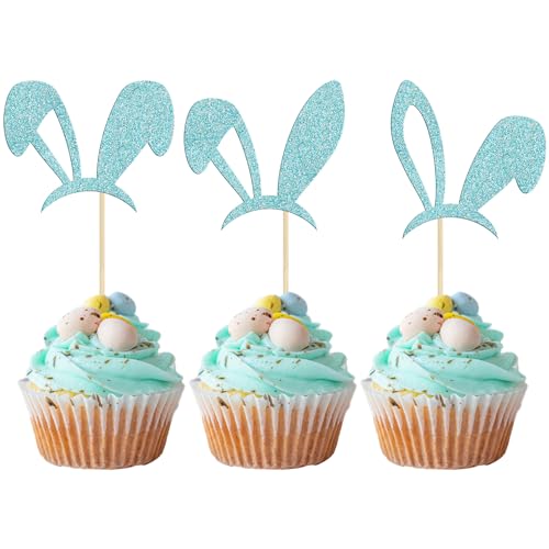 Gyufise 24 Stück blaue Glitzer niedliche Hasenohren Cupcake Topper Happy Easter Kuchen Topper Dekorationen für Osterparty Häschen Thema Geburtstag Party Dekorationen von Gyufise