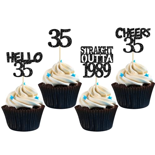 Gyufise 24 Stück gerade Outta 1988 Cupcake-Topper Glitzer Thirty-Five Happy 35th Cupcake Picks Cheers to 35 Years Birthday Kuchen Dekorationen für Happy 35th Birthday Anniversary Party Supplies schwarz von Gyufise