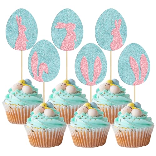 Gyufise 24 Stück glitzernde "Happy Easter" Cupcake-Topper, Ostereier, Kaninchen-Kuchen-Topper, Dekorationen für Osterthema, Hasenei-Thema, Frühlings-Party-Zubehör, Dekorationen von Gyufise