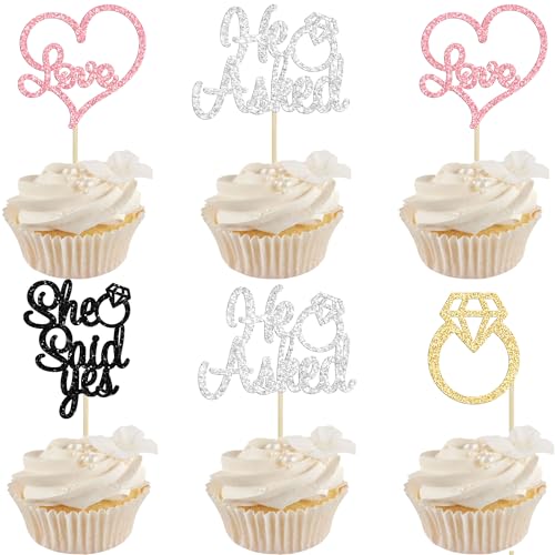 Gyufise 24 Stück mehrfarbige Glitzer He Asked She Said Yes, Cupcake-Topper mit Diamant-Ring, Herz-Kuchenplektren für Hochzeit, Verlobung, Party, Tischdekoration von Gyufise