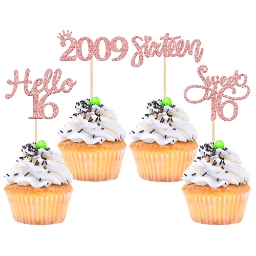 Gyufise 24 Stück rotgoldene Glitzer-Törtchen zum 16. Geburtstag, Hello Sweet 16 16 seit 2005, Cupcake-Picks für den 16. Geburtstag, Party-Kuchendekorationen von Gyufise