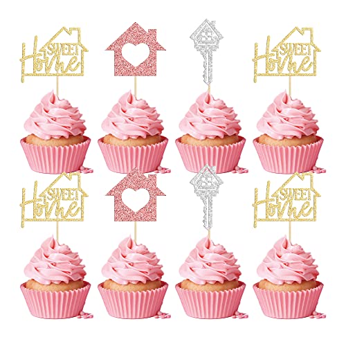 Gyufise 24 Stück süße Cupcake-Topper mit Glitzer-Schlüssel, Einweihungs-Cupcake-Picks für Willkommen, neues Zuhause, Themenparty, Kuchendekorationen, Zubehör, mehrfarbig von Gyufise