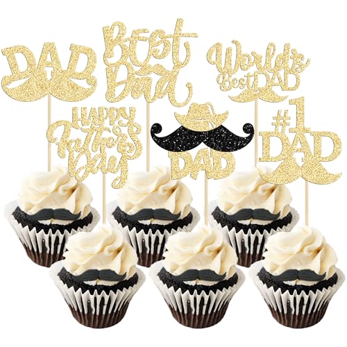 Gyufise 24 goldene glitzernde Cupcake-Topper zum Vatertag "Happy Father's Day World's Best Dad" Kuchendekorationen für Geburtstagsparty Kuchendekorationen Topper Picks für Vatergeburtstagsfeier Zubehör von Gyufise