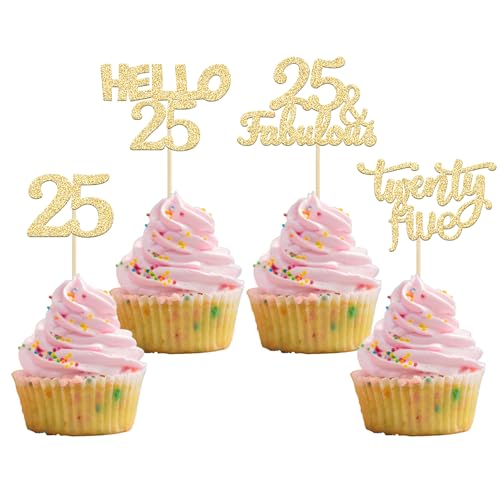 Gyufise Cupcake-Aufsätze zum 25. Geburtstag, goldfarben, glitzernd, 25 fabelhafte Cupcake-Picks, Hello 25, Twenty Five Cupcake-Picks für 25. Geburtstag, Kuchendekoration, 24 Stück von Gyufise