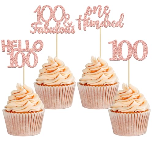 Gyufise Cupcake-Topper zum 100. Geburtstag, roségoldener Glitzer, Hello 100, 100 und fabelhafte Cupcake-Picks für den 100. Geburtstag, 24 Stück von Gyufise