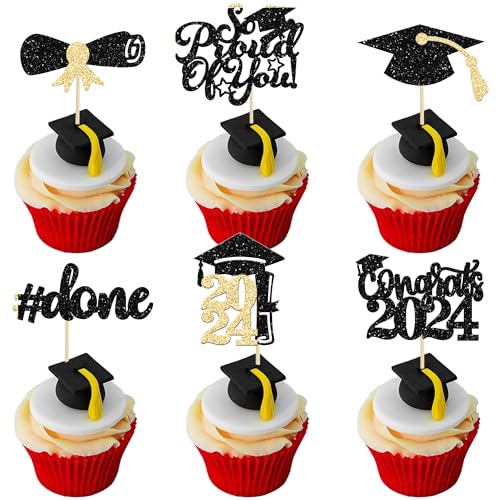 Gyufise 24 x schwarze glitzernde Cupcake-Topper 2022 Graduation Cupcake Topper Glitter Congrats Klasse von 2022 Diplom Done Grade Cap Cupcake Picks So Proud Of You Kuchendekorationen für Abschlussfeier Mottoparty Supplies von Gyufise